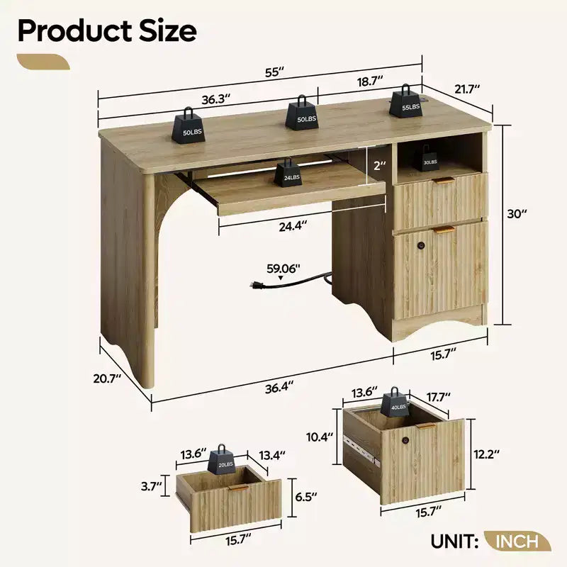 Bureau d'ordinateur intelligent Bestier 55, bureau en chêne avec tiroirs de classement et prise de courant, bureau de direction avec rangement ouvert et tiroir à clavier