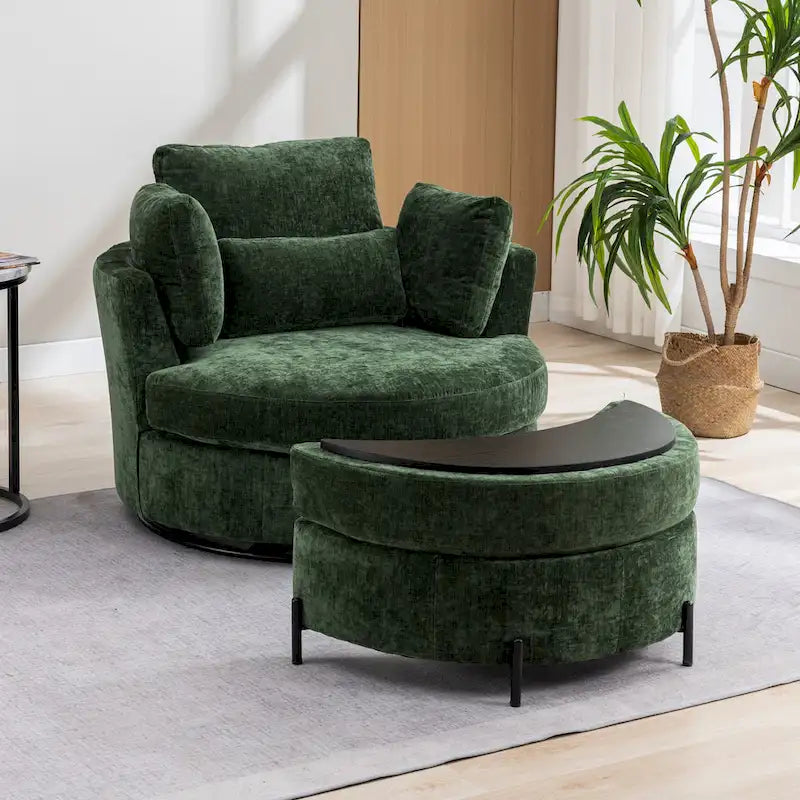 Fauteuil d'appoint pivotant rembourré 42,3 W avec 4 oreillers et pouf de rangement demi-lune