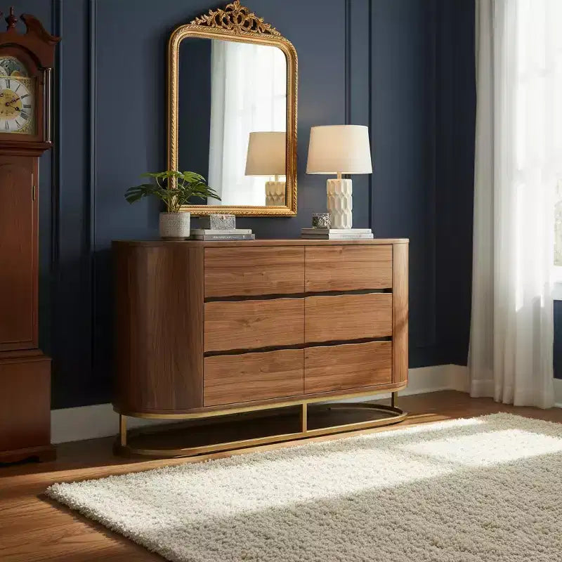Commode moderne à 6 tiroirs avec plateau Live Edge, piètement en métal et construction en bois mélangé durable