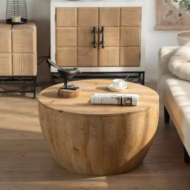 Table basse de rangement ronde et rétro en bois, adaptée au salon, à la salle à manger ou au bureau.