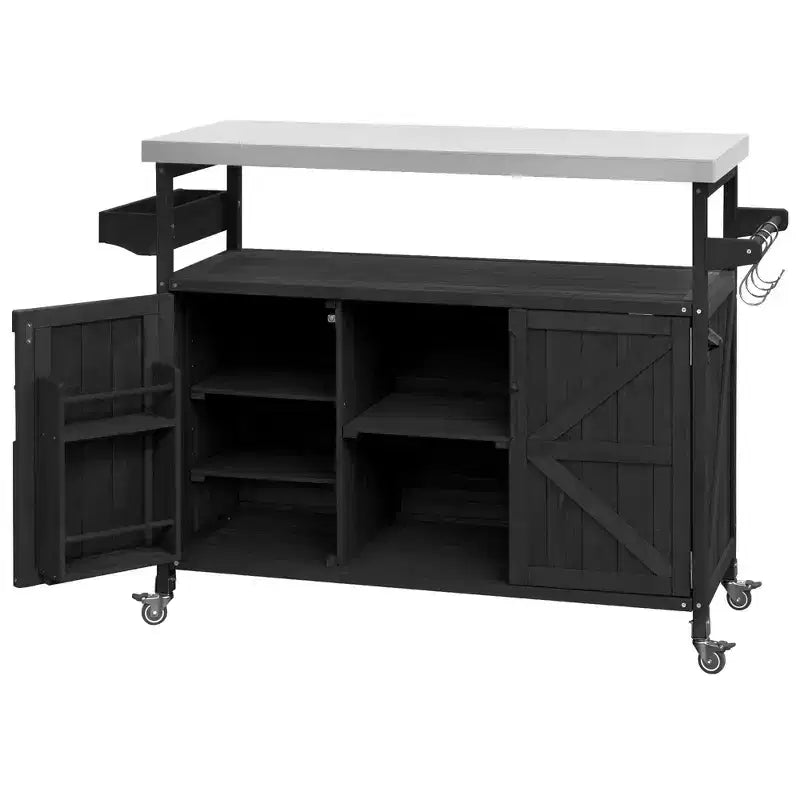 Îlot de cuisine d'extérieur Okak avec plateau en acier inoxydable, chariot de cuisine en bois avec portes, étagères et porte-épices, îlot de cuisine roulant