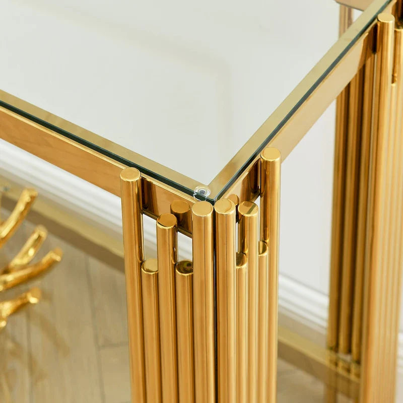 Console étroite à 2 niveaux avec structure en métal doré et plateau en verre trempé