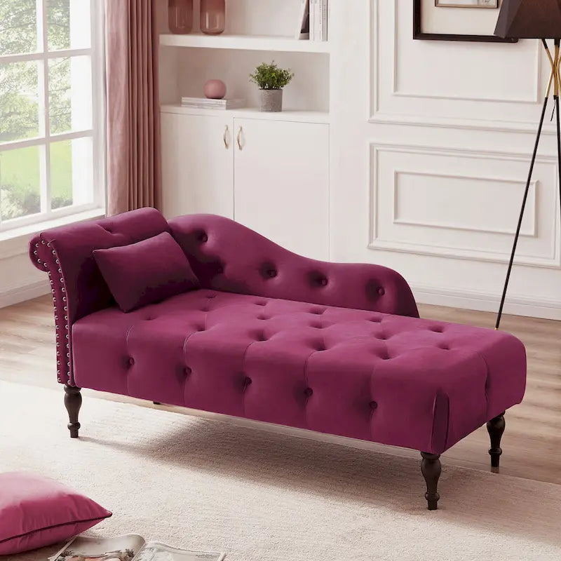 Chaise longue moderne de 154 cm avec revêtement en velours, boutons capitonnés, pieds en bois massif et clous de tapissier
