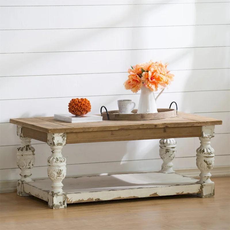 Table basse rectangulaire en bois blanc vieilli