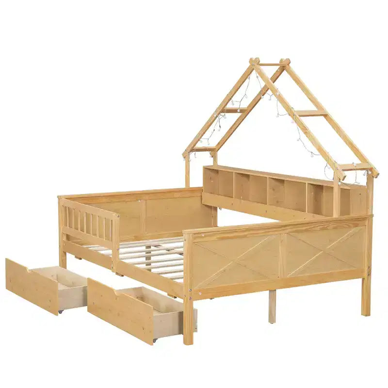 Cadre de lit maison pleine grandeur avec tiroirs, lit plate-forme maison avec lumières LED, étagères de rangement et tiroirs, lit de repos en bois avec toit et garde-corps