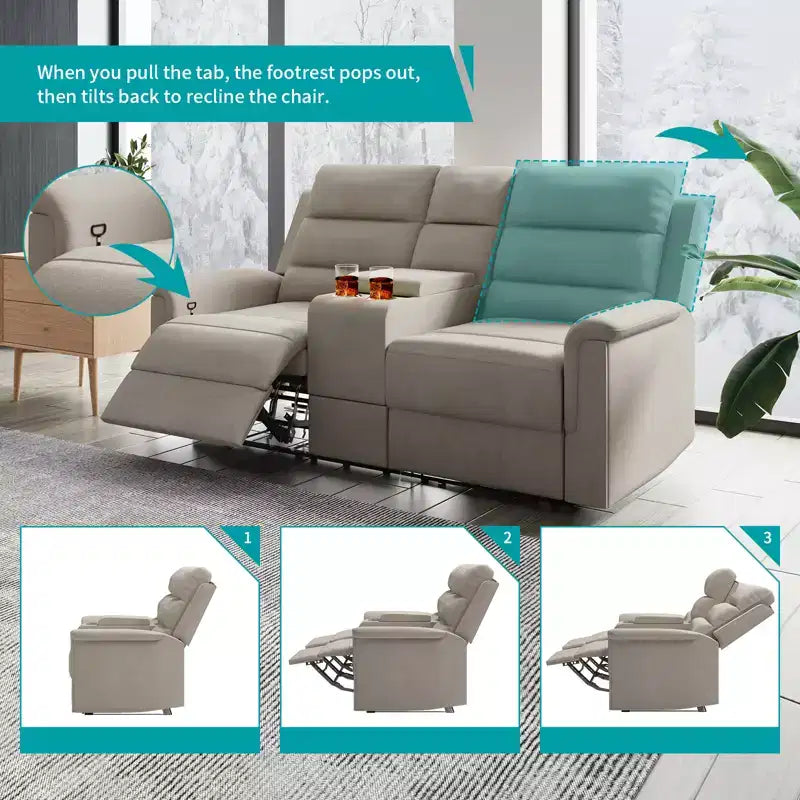 Canapé inclinable 2 places en tissu technique beige/gris, dossier et repose-pieds réglables