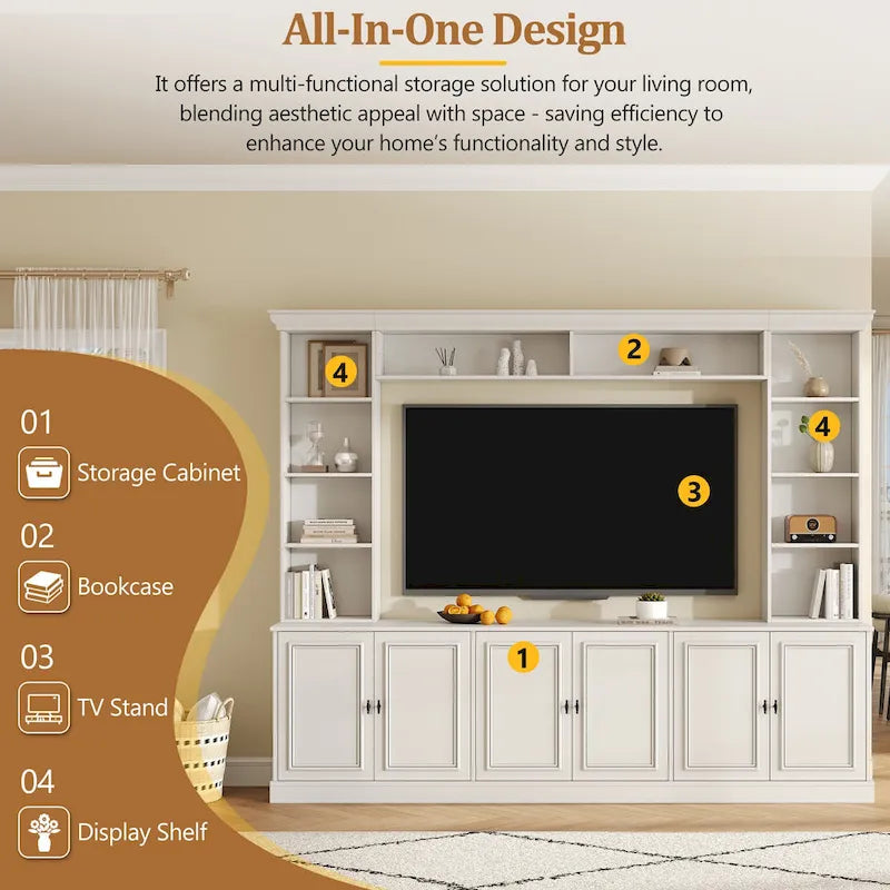 Ensemble mural de 4 meubles TV avec pont pour téléviseurs jusqu'à 70 pouces, meuble TV avec étagères réglables, grande console multimédia