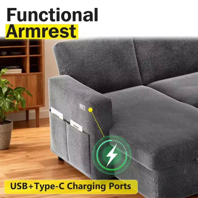 Canapé-lit convertible 2-en-1 avec méridienne de rangement, canapé d'angle en chenille avec ports USB pour salon
