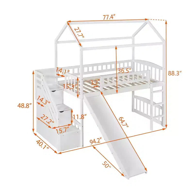 Lit mezzanine jumeau avec toboggan et escalier, lit mezzanine avec tiroirs de rangement, lit mezzanine cabane en bois pour enfants et tout-petits