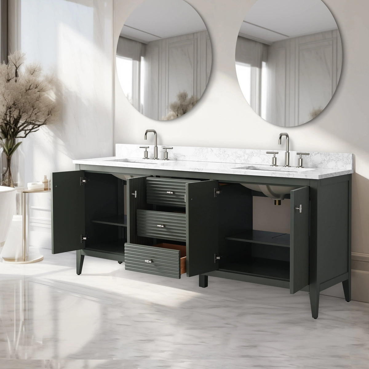 Meuble-lavabo de salle de bain Vanity Art 72 po à double vasque avec dessus en marbre reconstitué