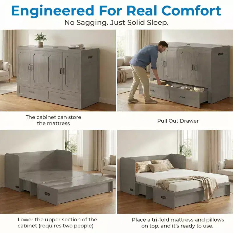 Lit armoire escamotable convertible Mjkone Queen Size avec chargement USB, tiroirs de rangement, matelas non inclus