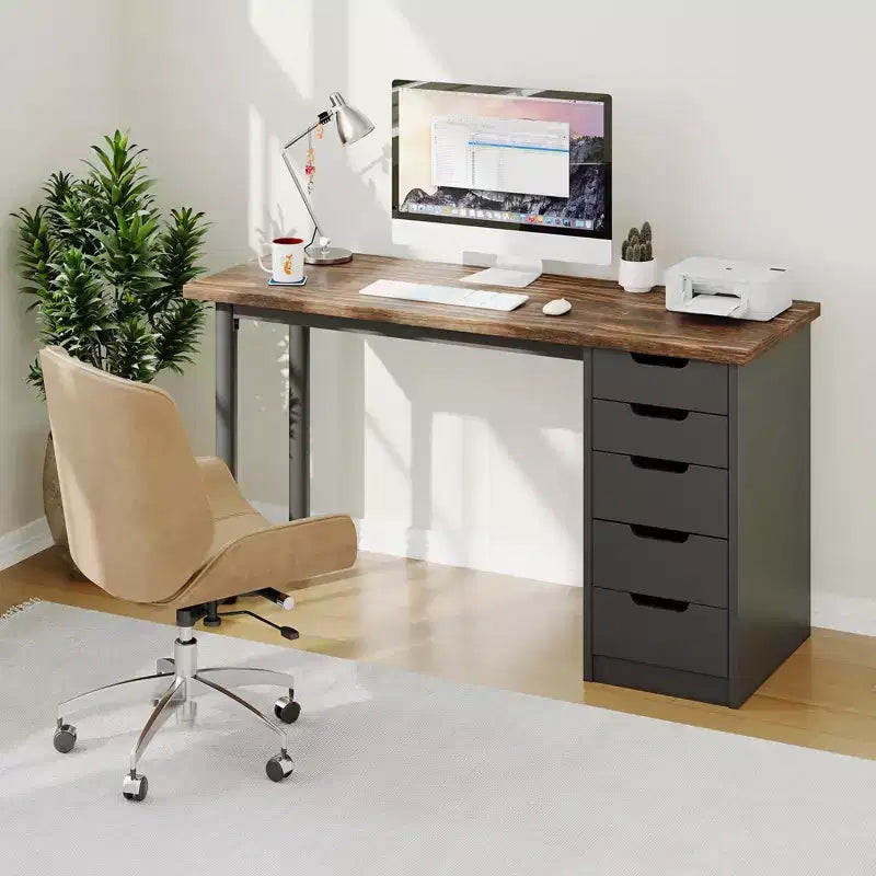 Bureau d'ordinateur de 119 cm avec 5 tiroirs de rangement, table d'étude/d'écriture réversible de style rustique moderne, poste de travail de bureau à domicile pour petits espaces