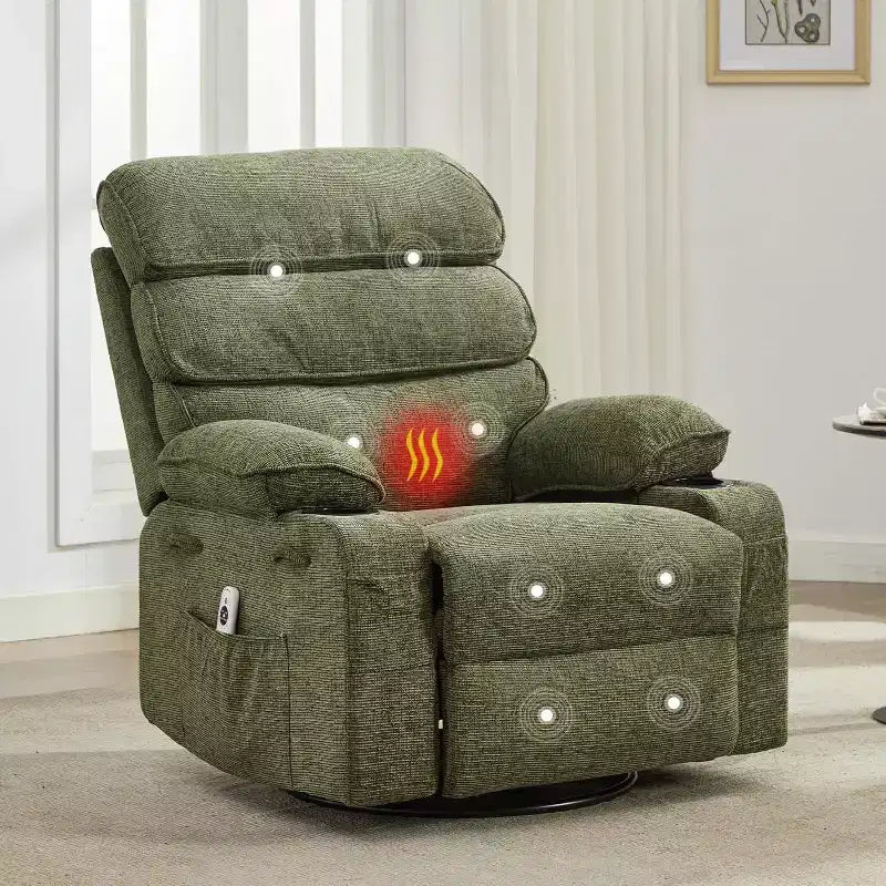 Fauteuil inclinable massant avec fonction de chauffage, fauteuil inclinable et pivotant à 360° pour adultes, fauteuil de nurserie en lin avec poche latérale, deux porte-gobelets
