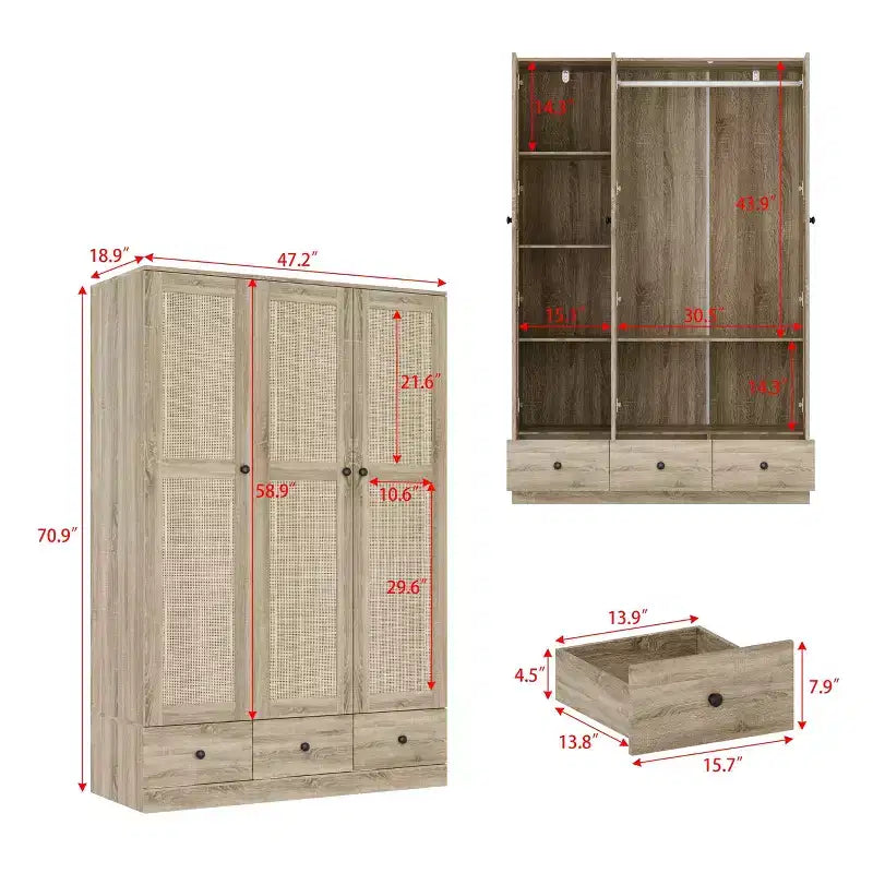 Armoire en rotin Famapy à 3 tiroirs, placard à 3 portes en rotin respirant, armoire de rangement haute de style ferme pour chambre à coucher