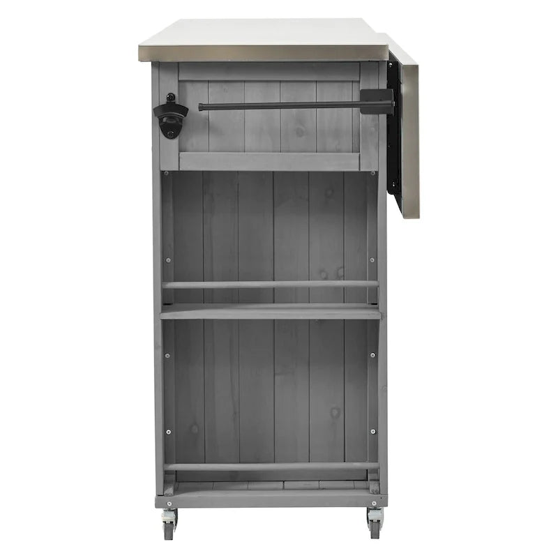 Îlot de cuisine d'extérieur, bois de sapin rustique avec plateau en acier inoxydable et rangement intelligent