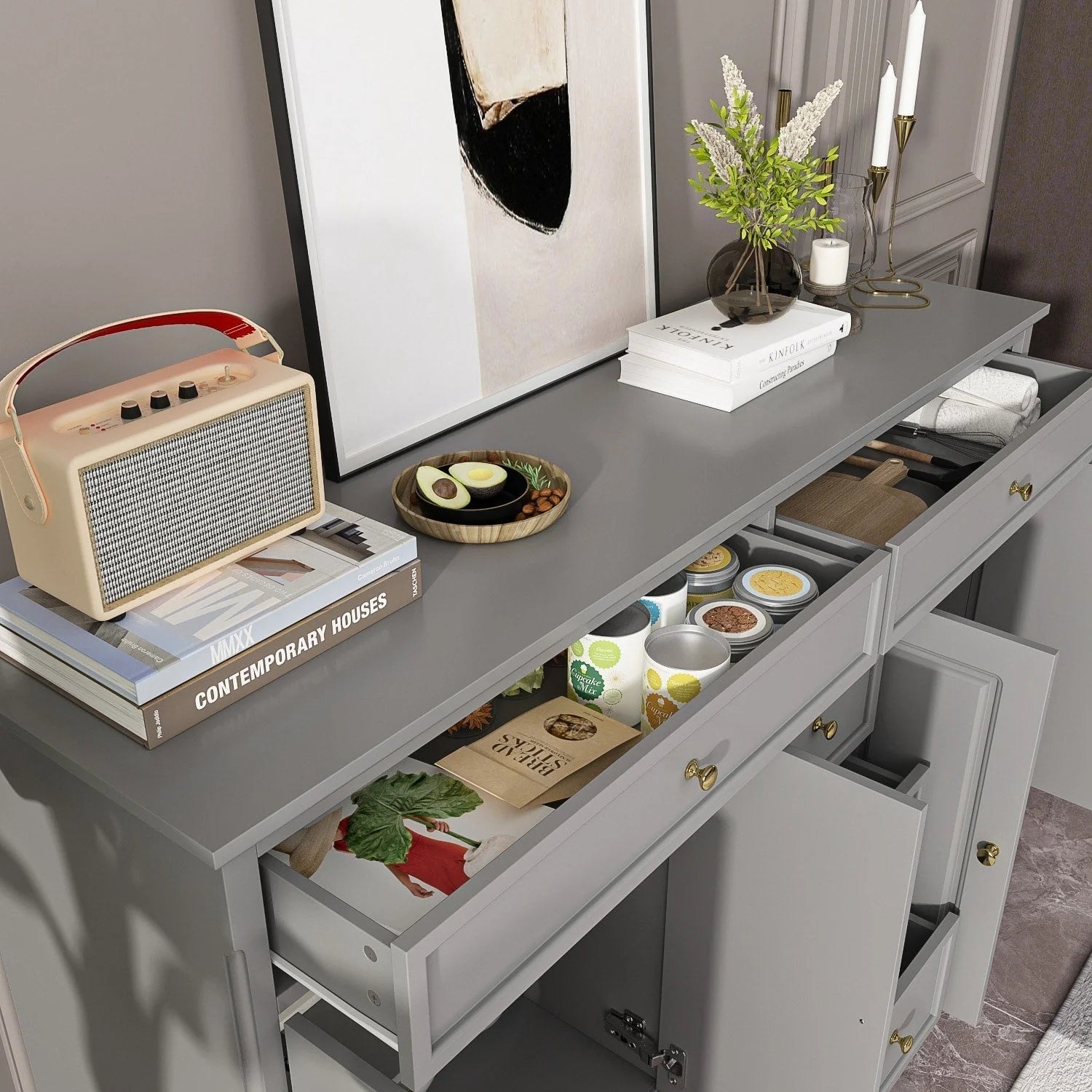 Buffet bahut 150 cm blanc laqué moderne contemporain du milieu du siècle