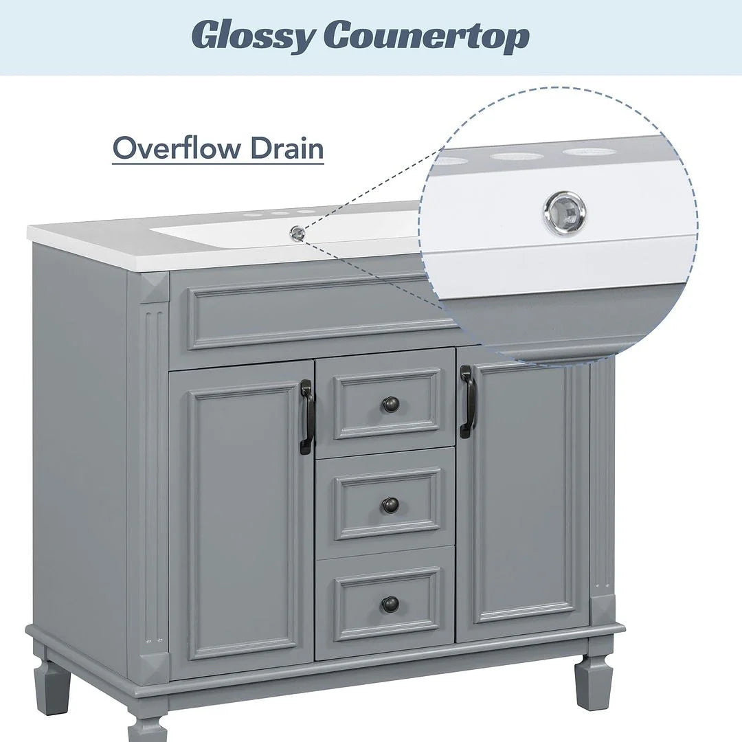 Meuble-lavabo de salle de bain moderne de 91 cm avec lavabo et armoire de toilette, 2 portes et 2 tiroirs