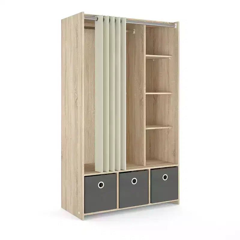 Tvilum, Armoire Lola 3 bacs avec rideau, structure chêne/tissu naturel/textile gris