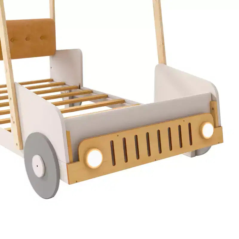 Lit de voiture Whisen Wood avec oreiller, tissu de plafond et LED - Naturel