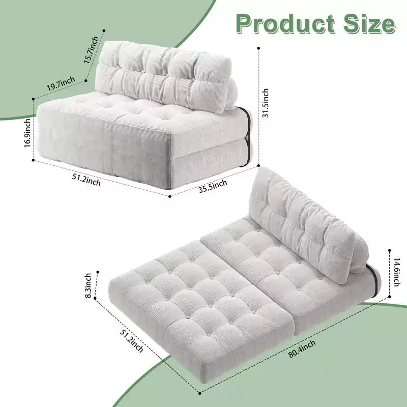 Canapé-lit futon pliant entièrement en velours côtelé, chaise de couchage convertible au sol avec oreiller et dossier