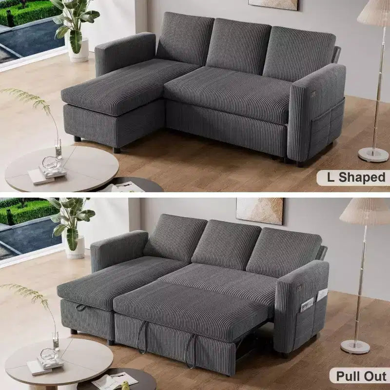 Canapé-lit Dyonery 2-en-1 avec méridienne de rangement, canapé sectionnel en velours côtelé avec ports USB pour salon