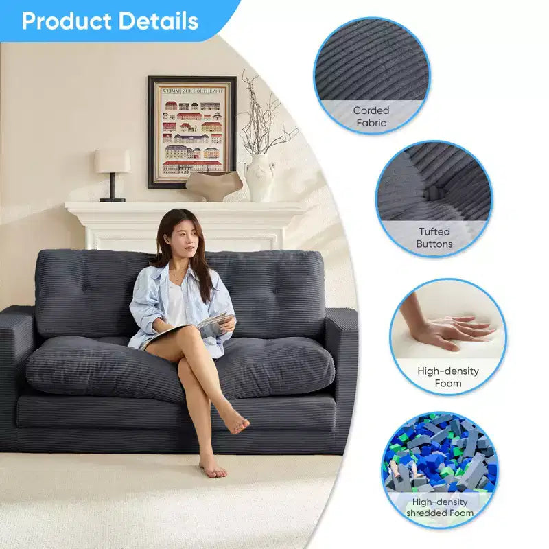 Mjkone Canapé-Lit Futon Convertible 2-en-1 180 cm, Canapé Deux Places Pliable en Tissu Côtelé avec Boutons Touffetés, Idéal pour Petits Espaces