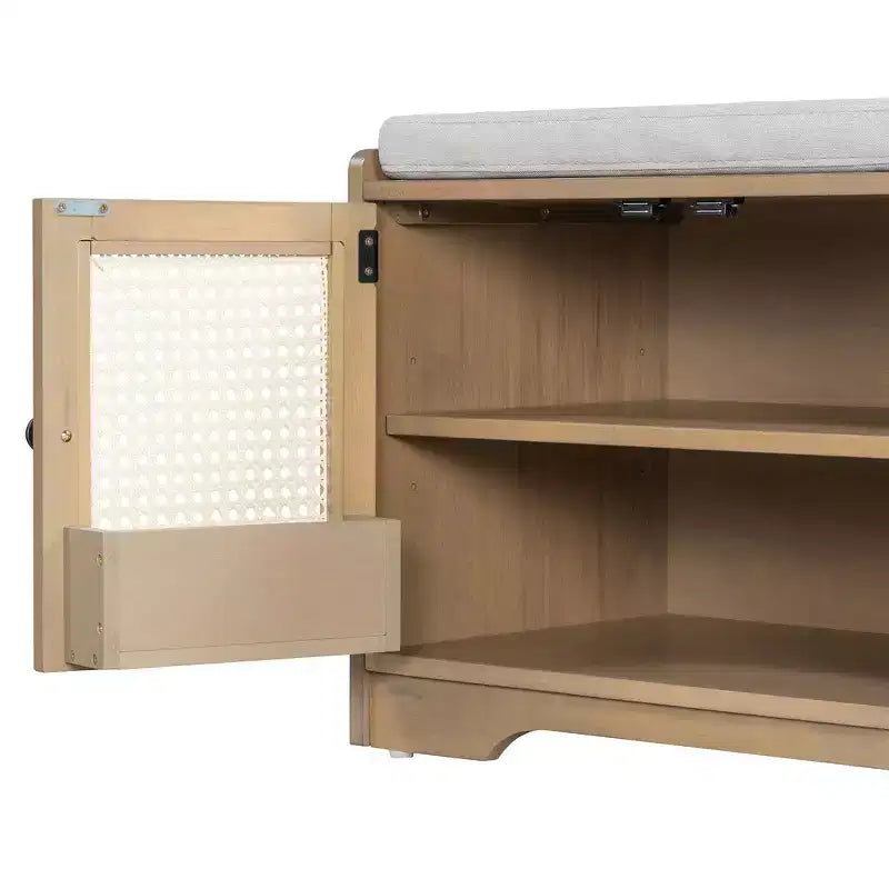 Banc de rangement rustique en bois Whisen, banc à chaussures d'entrée avec coussin amovible, étagères réglables