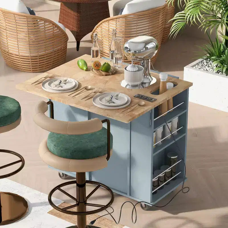 Îlot de cuisine mobile avec prise de courant, abattant et plateau en bois d'hévéa