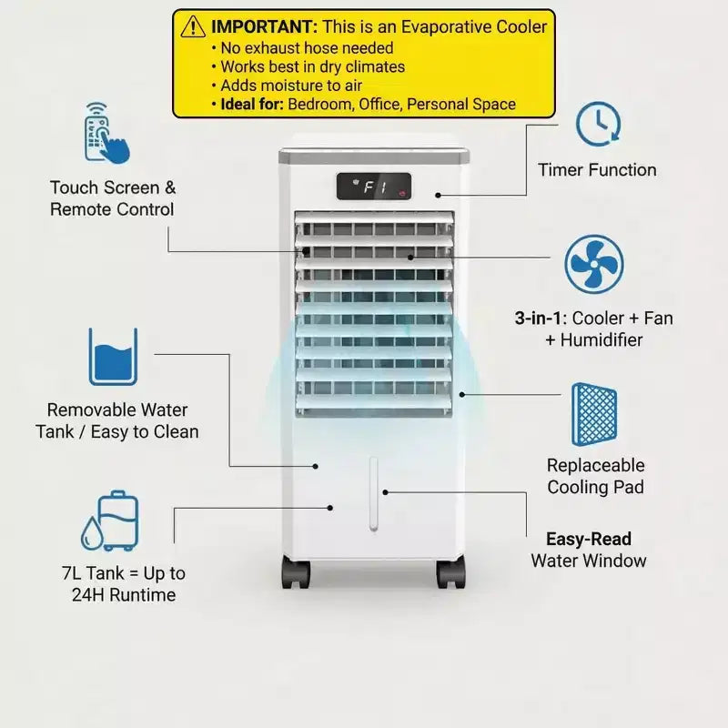 Refroidisseur d'air évaporatif portable 7L avec télécommande, 3 vitesses, minuterie et ventilateur oscillant pour la maison et le bureau