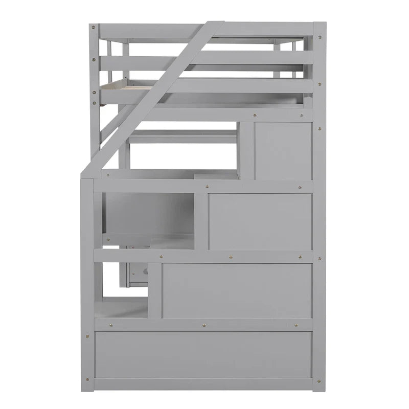 Lit mezzanine taille jumeau avec bureau et étagères, deux tiroirs intégrés, escalier de rangement