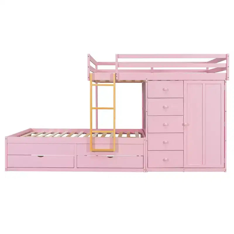 Lit superposé double sur double avec armoire de rangement et tiroirs, lit superposé double en bois peu encombrant avec garde-corps pour appartement, chambre à coucher