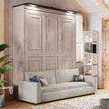 Lit escamotable Queen Size avec canapé, Lit escamotable Queen Size en bois avec éclairage LED, Lit escamotable pliant avec coffre pour chambre d'amis, Beige