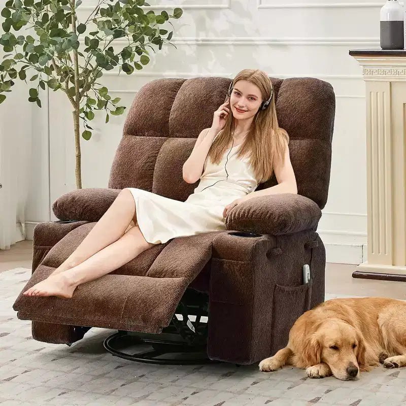 Fauteuil inclinable surdimensionné pour adultes, canapé berçant pivotant manuel, poches latérales et porte-gobelets pour personnes fortes et de grande taille, salon