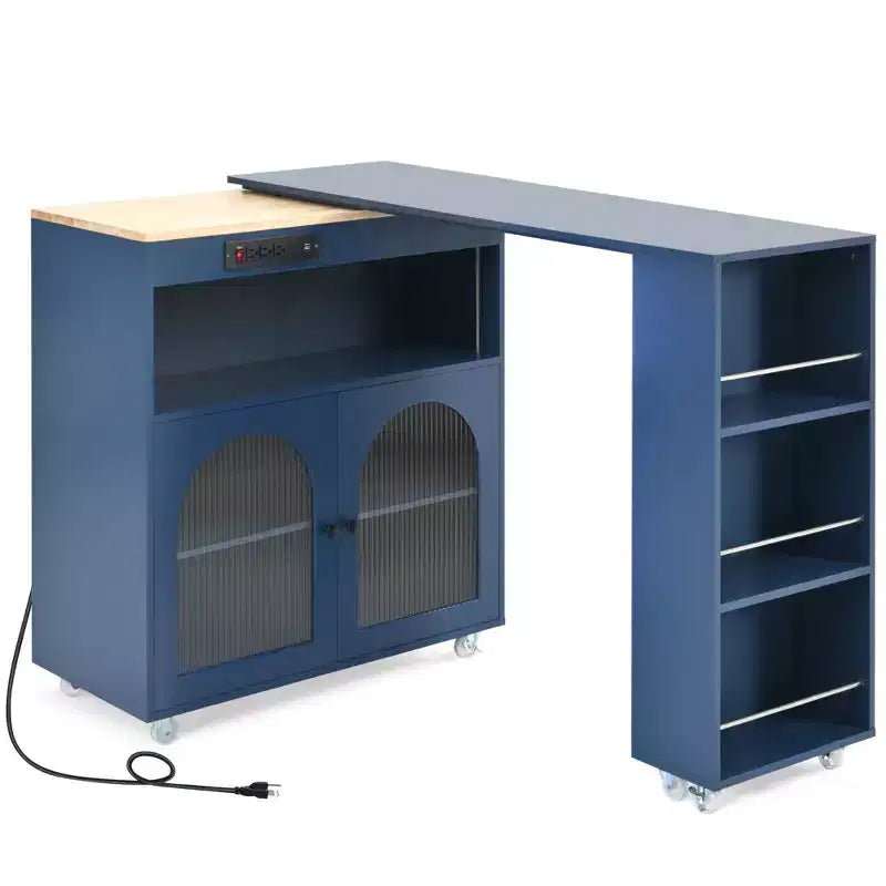 Îlot de cuisine roulant avec 2 portes en verre, Desserte de cuisine avec table extensible et prises de courant, Îlot de cuisine avec étagères ouvertes latérales