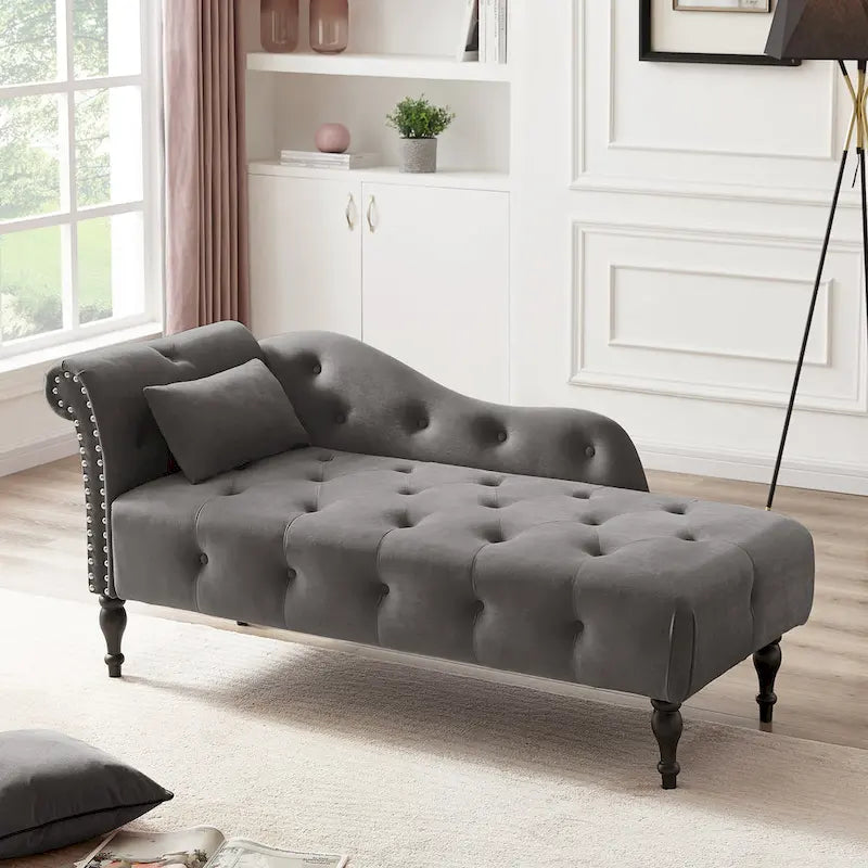 Chaise longue moderne de 154 cm avec revêtement en velours, boutons capitonnés, pieds en bois massif et clous de tapissier