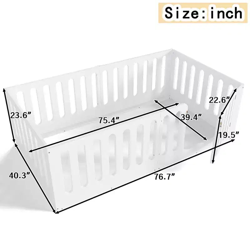 Lit Montessori au sol blanc simple avec barrière et porte – Bois massif, 1 enfant