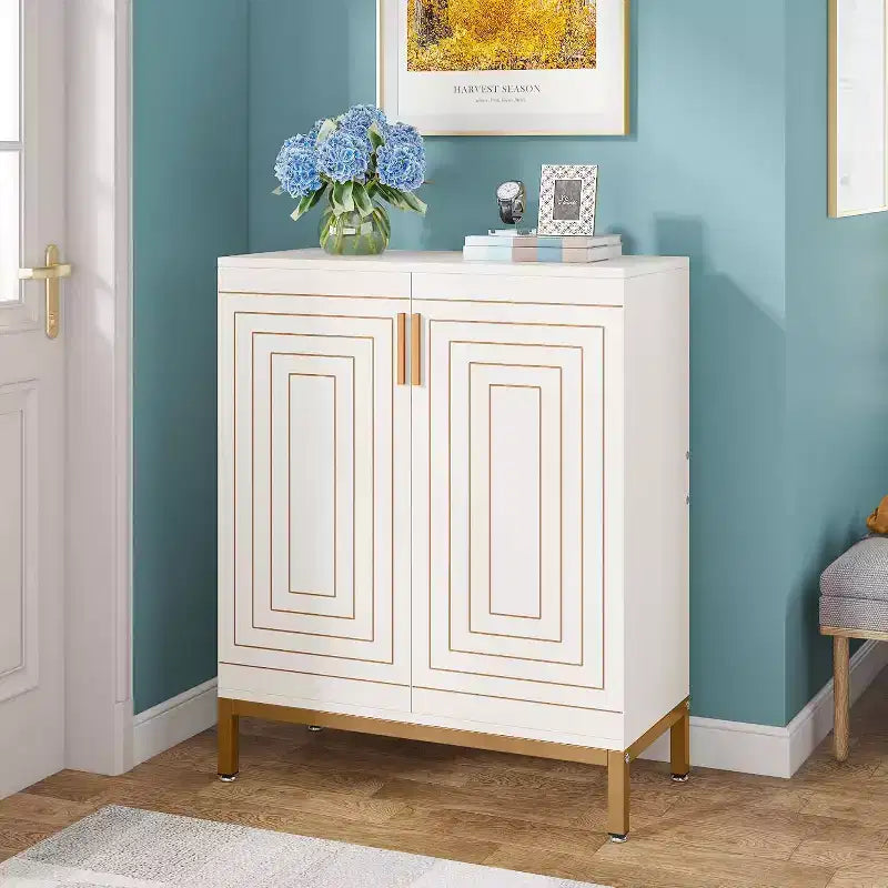 Meuble à Chaussures pour 20 Paires, Armoire de Rangement Moderne à 6 Niveaux avec Portes, Organisateur d'Entrée Autonome, Blanc et Or