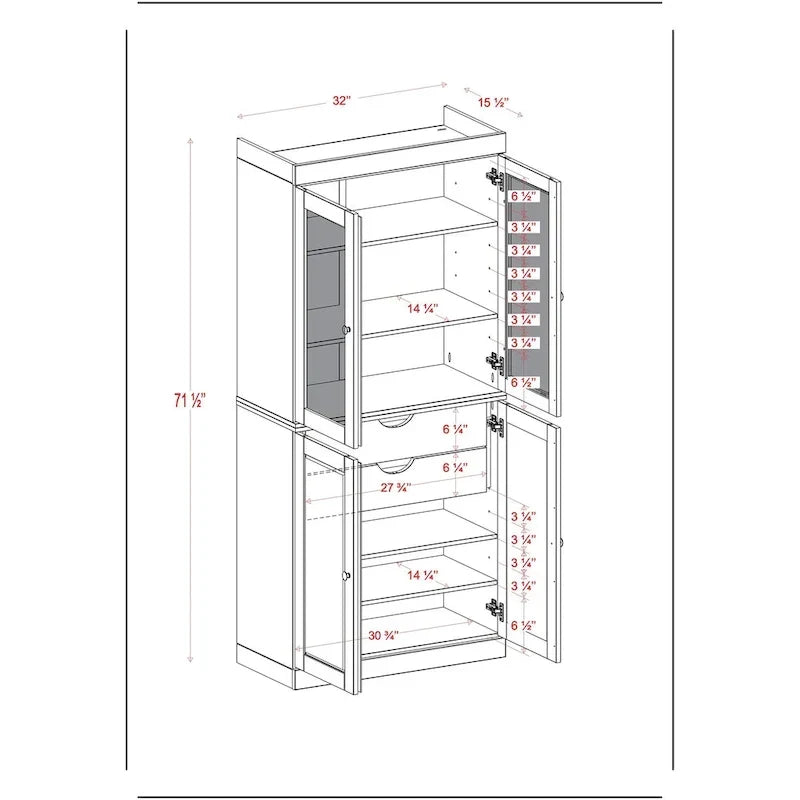Meuble de rangement en bois massif avec portes en verre dépoli, portes pleines, 2 tiroirs et étagères réglables