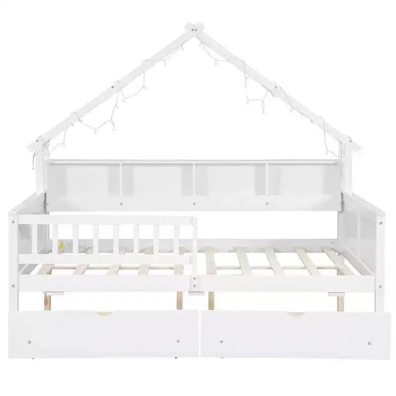 Cadre de lit maison pleine grandeur avec tiroirs, lit plate-forme maison avec lumières LED, étagères de rangement et tiroirs, lit de repos en bois avec toit et garde-corps