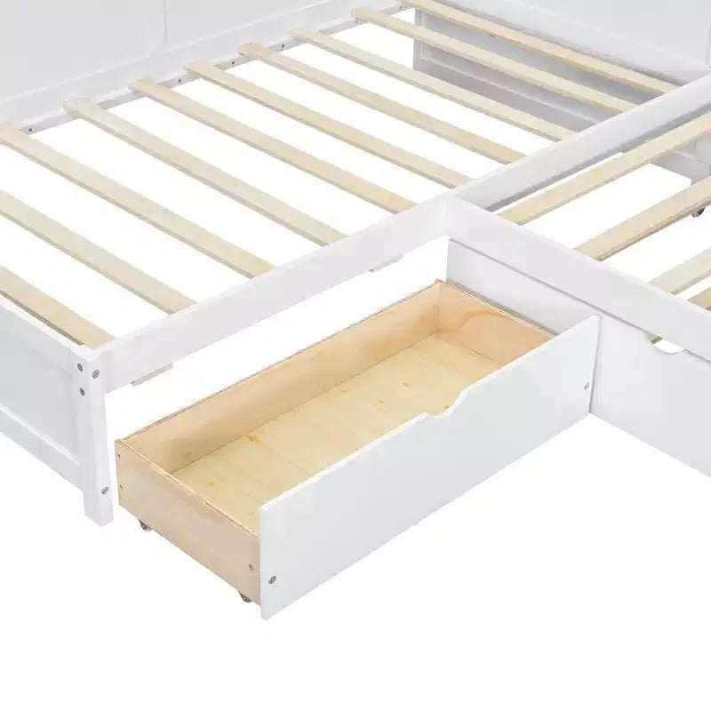 Lit plateforme en L de taille double avec lit gigogne et station de recharge, cadre de lit en bois avec étagère
