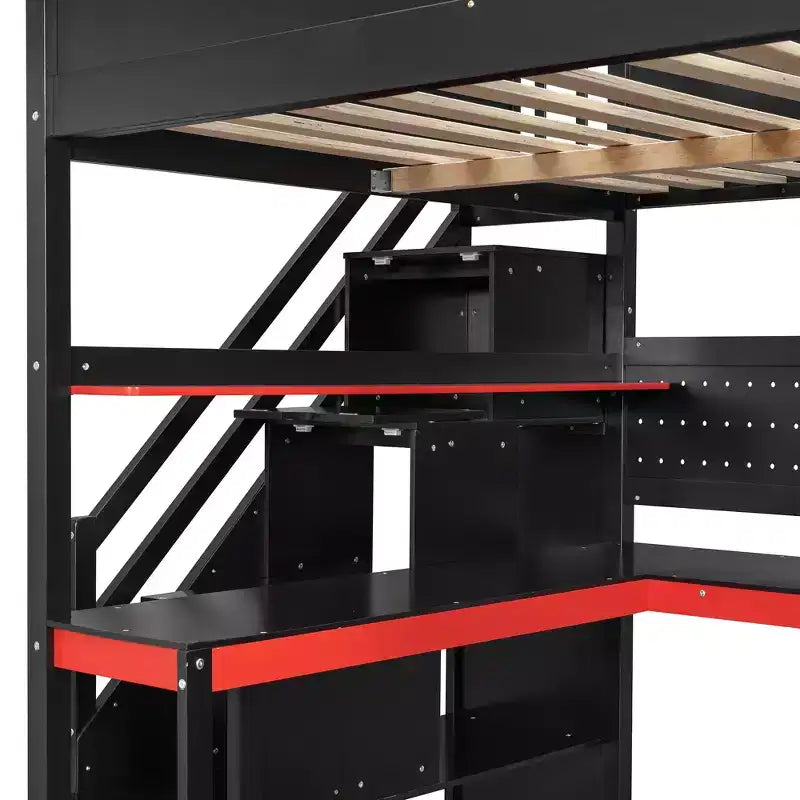 Lit mezzanine GDFStudio Scott en bois avec escalier de rangement, bureau, étagères et panneau perforé