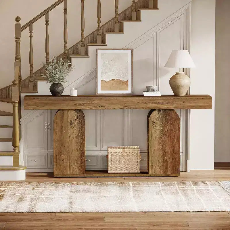 Console de table Lantine de 70,9 pouces extra longue de style ferme avec étagère de rangement à 2 niveaux en bois, convient pour couloir, salon, entrée, marron vintage.