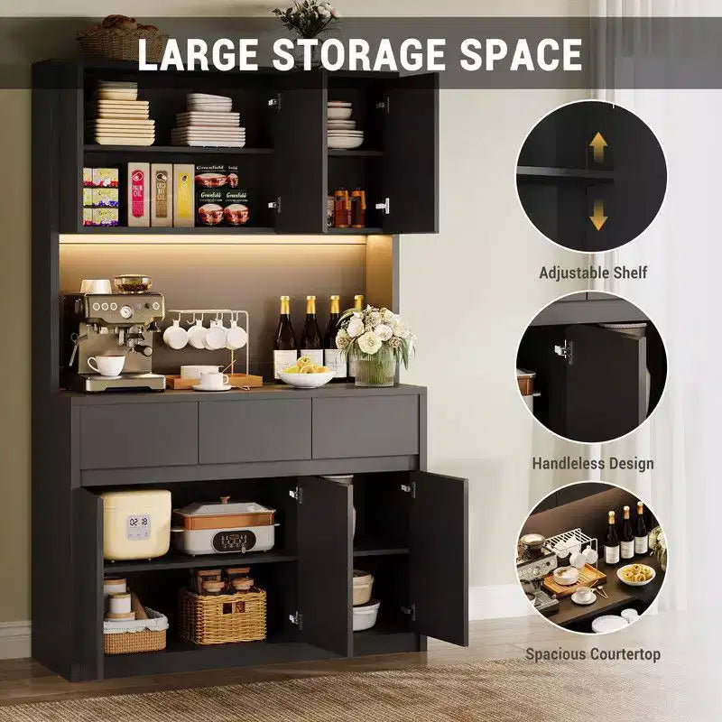 Armoire de cuisine de 71 pouces, vaisselier avec lumières LED et prises de courant, buffet avec support pour micro-ondes, étagères réglables