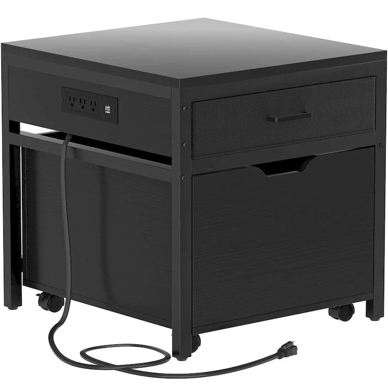 Meuble de support pour mini-réfrigérateur avec station de charge, table d'appoint avec tiroirs de rangement et meuble à roulettes