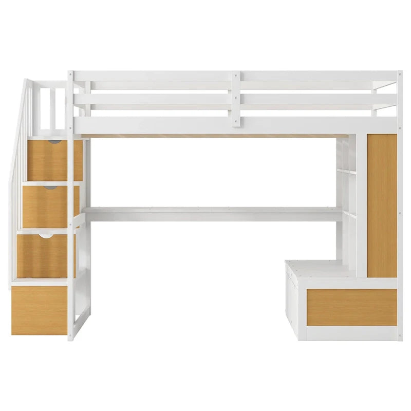 Lit mezzanine en bois massif naturel et blanc avec bureau et tiroirs