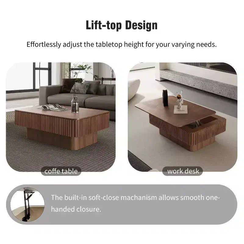 JVNOXK Table basse à plateau relevable cannelé de 98 cm avec rangement, placage bois massif, hauteur réglable, table d'appoint moderne pour salon, chambre, noyer
