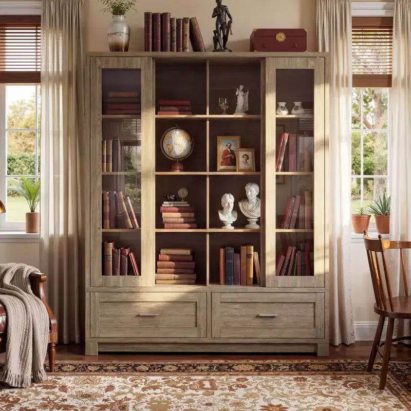 Bibliothèque-vitrine Famapy Chêne Clair : 63cm de large, Portes Coulissantes en Verre + Tiroir de Rangement Organisateur Spacieux pour Bibliothèques à Domicile et Salons