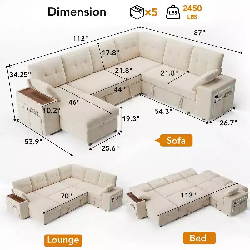 Dyonery 112 Canapé modulaire convertible avec lit gigogne, canapé d'angle en U avec rangement, canapés extra larges et profonds pour salon