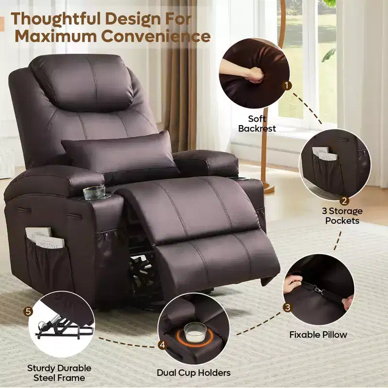 Fauteuil inclinable électrique Bestier de 88 cm avec fonction de levage, massage et chauffage, en similicuir, avec poches latérales et porte-gobelets