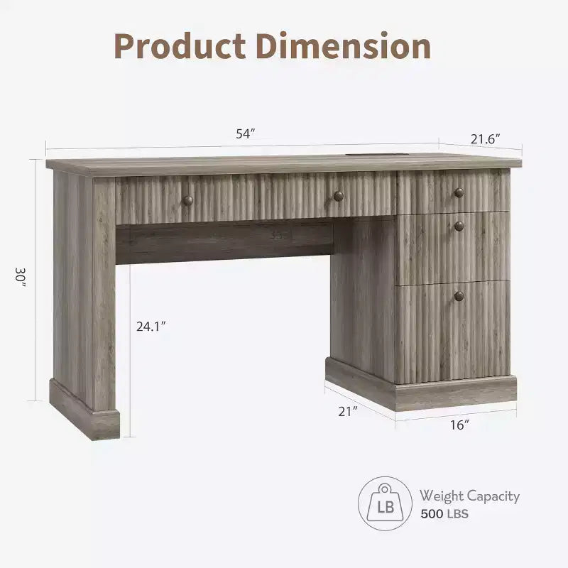 Meuble de rangement de bureau cannelé, bureau de direction moderne de 54 po avec station de recharge, bureau d'ordinateur en bois avec tiroirs classeurs pour bureau d'étude